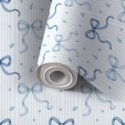 Peel and Stick PVC Wallpaper, Removable Self-Adhesive Wall Covering With Seamless Blue Ribbon Bow Print, Waterproof for Home Decor - Roll
