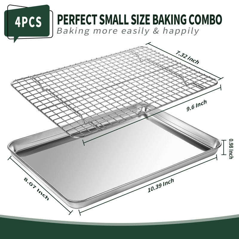 Quarter Sheet Pan With Cooling Rack Set [2 Baking Sheets + 2 Baking Racks], Stainless Steel Cookie Sheets For Baking And Wire Rack, Size 10.4 X 8 X 1 Inch