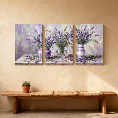 Plantes et fleurs, bouquet de lavande dans des vases sur table, ensemble de 3 impressions sur toile