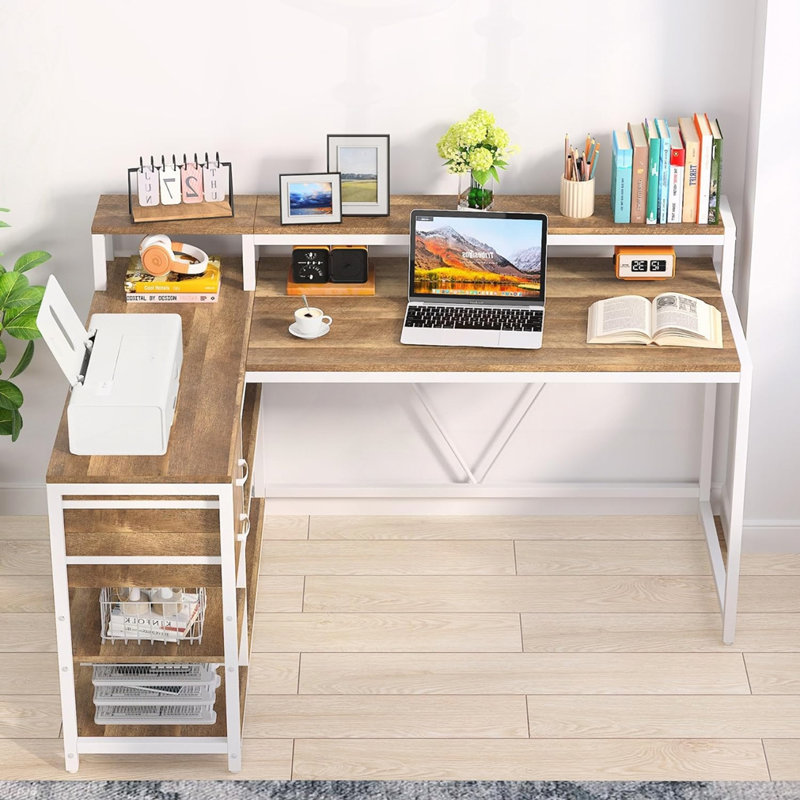 Bureau à domicile en L de 55 pouces avec support pour écran, Naturel