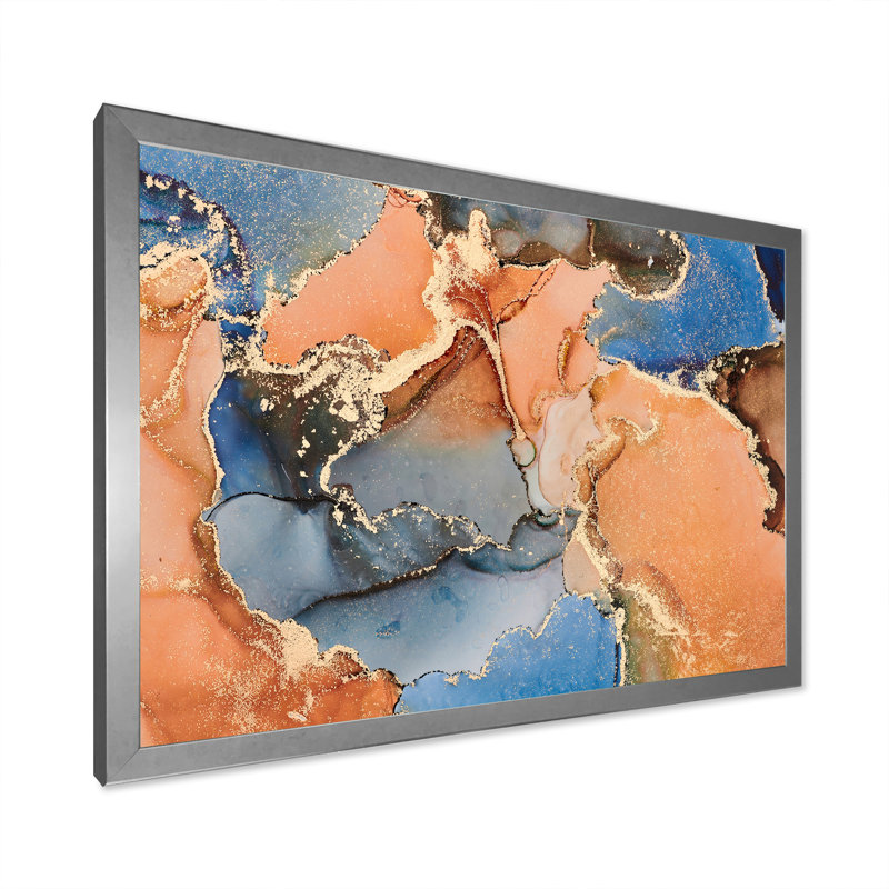 «Blue and Orange Luxury Abstract Fluid I», peinture sur toile, H 16 po x l 32 po, Cadre de coin argenté fermé