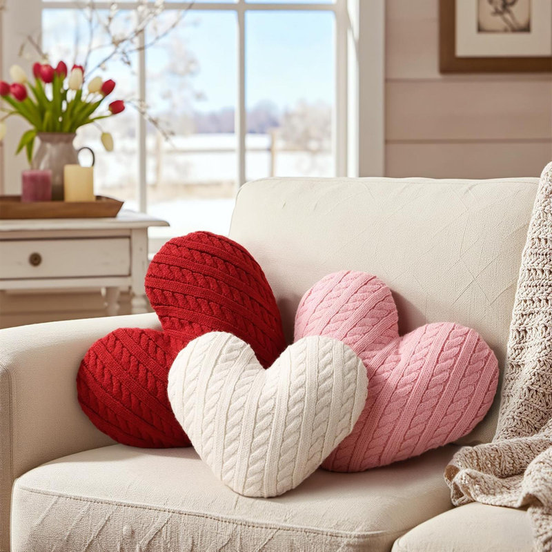 Coussins de la Saint-Valentin: ensemble de 3 coussins décoratifs en cœur texturé en tricot torsadé, coussins doux pour la Saint-Valentin, cadeaux romantiques pour la chambre à coucher, le salon, le canapé et le canapé