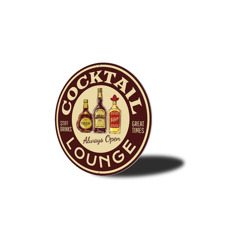 Enseigne en aluminium Cocktail Lounge Always Open, H 18 po x l 18 po x P 0,06 po