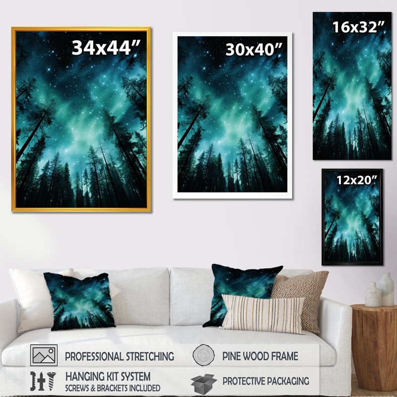 Northern Light Pine Tree Forest - Art mural pin, H 32 po x l 24 po x P 1 po, Cadre photo noir simple