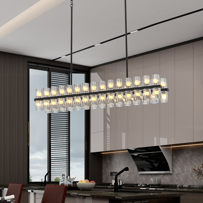 Lustre 48 lumières en cristal moderne avec abat-jour en verre côtelé transparent, Noir mat, Rond, 48 lumières