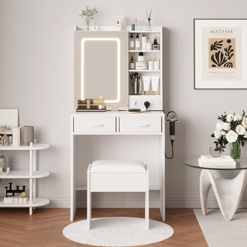 Makeup Vanity Desk with Mirror and Lights, Vanity Table with Charging Station, Power Outlets & USB Ports, Drawers, Shelves, Stool Included, LED Vanity Desk for Bedroom