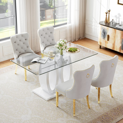 63" Rectangular Glass Dining Table Set, Clear Tempered Glass Top, Double O-Shaped Base, Velvet Upholstered Chairs with Stainless Steel Frames
