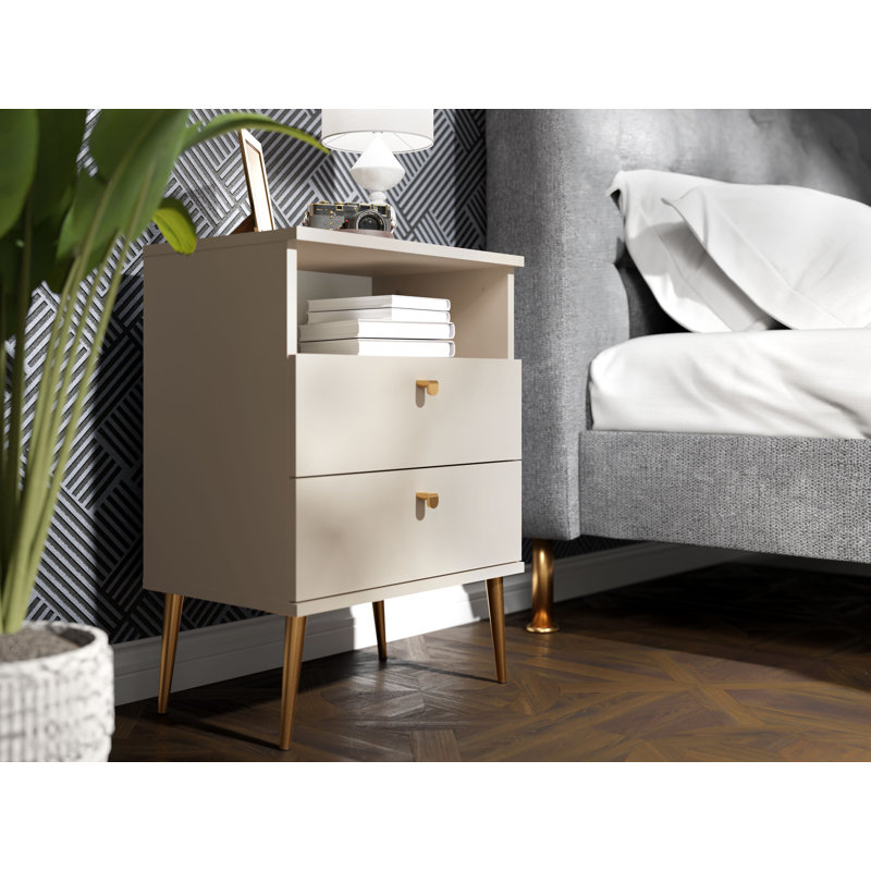 Abbegayle bedside table with a drawer, golden handles and feet, Beige