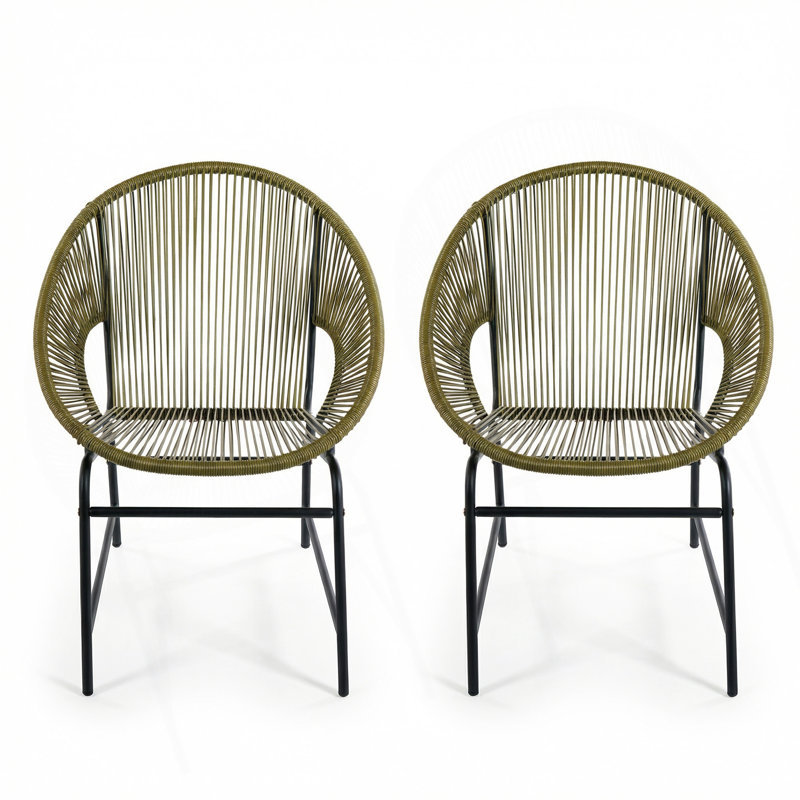 NUSA OUTDOOR PATIO WICKER CHAIR, GREEN PE RATTAN & IRON FRAME, SET OF 2