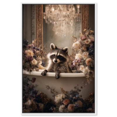 «Raccoon in Lush Floral Bathroom», reproduction d'art sur toile par Art Remedy, cadre noir, 10 x 15