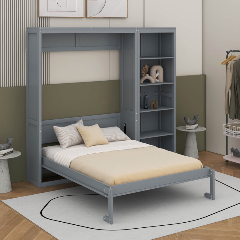 Grand lit escamotable avec tablettes, Gris