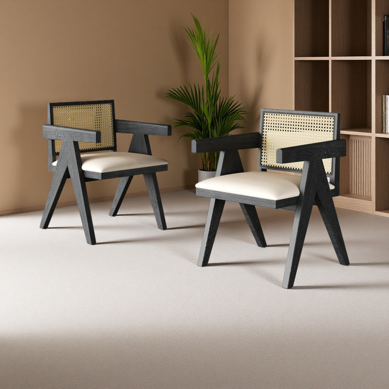 Margaruite Rattan Dining Chairs With Cushion Seat, Black