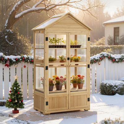 35.4" W x 21.3" D Cold Frame Greenhouse,3 Tier Wooden Greenhouse with Adjustable Shelf