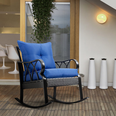 Chaise berçante de jardin avec coussins moelleux - bleu. Aluminium pour le patio et la cour. Gracieux. Base en métal robuste. Toutes saisons. Siège l 35,5 po bleu et style