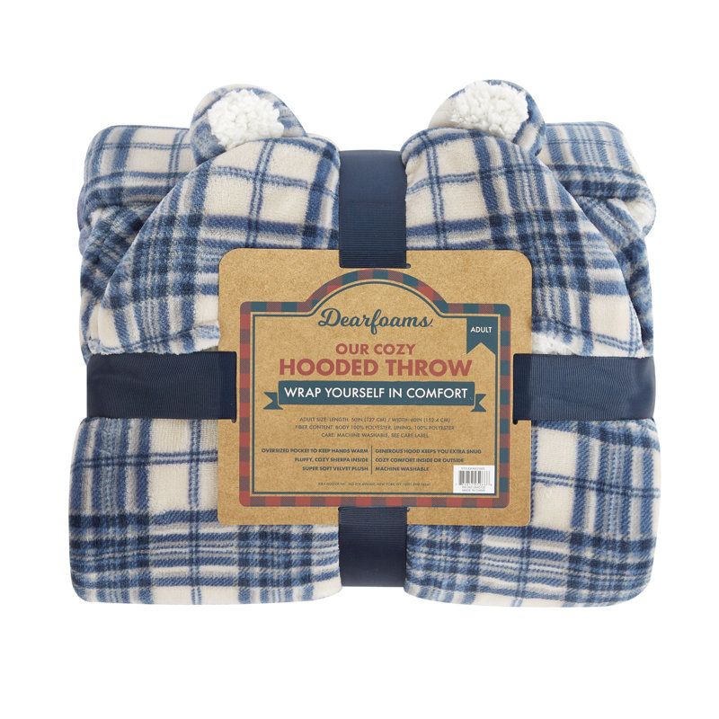 Black and White Plaid Sherpa Hooded Reversible Throw Blanket