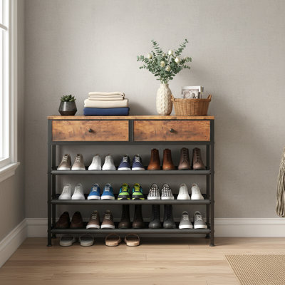 Retro Brown Shoe Rack With 3 Oxford Cloth Compartments, 4-Tier Metal 2 Drawers, Wooden Top Holds 12-15 Pairs
