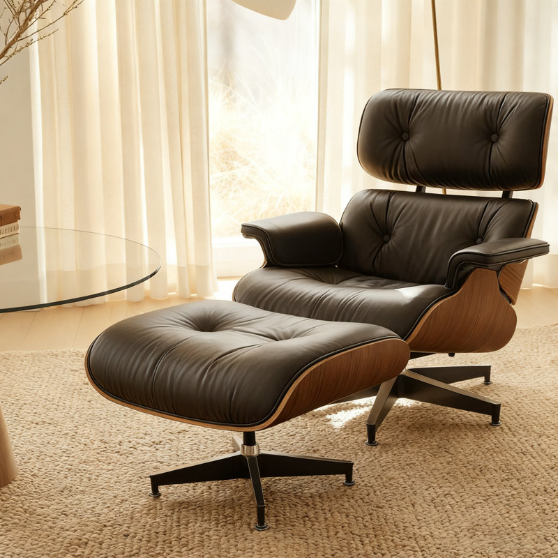 Leather Swivel Accent Chair With Ottoman, Naturalwood/BlackPU