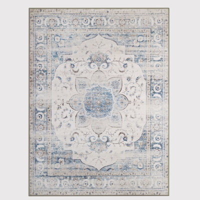 Traditional Medallion Distressed Oriental Blue/Ivory Area Rug