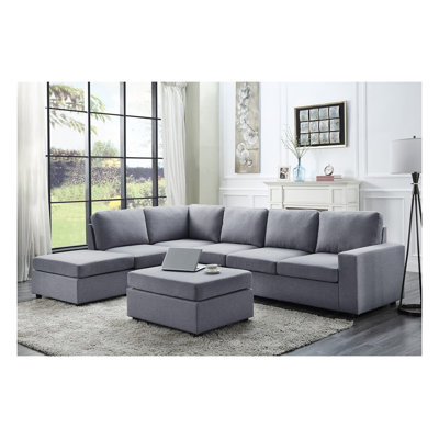 Canapé d'angle modulable réversible 7 places Cassia 120 po en lin gris pâle avec pouf