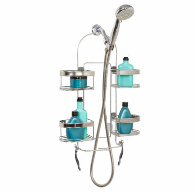 AquaGuard Expandable Stainless Steel Shower Caddy - Rust Resistant, No-Drill Bathroom Organizer with 4 Baskets, Razor Holders, and Hooks for Handheld Shower Hoses