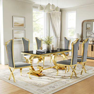 Modern Glass Dining Table Set With Tempered Glass Top, Stainless Steel G-Shaped Base, And High-Back PU Leather Chairs With X-Legs