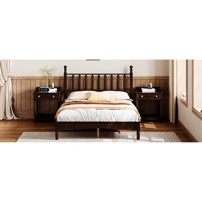 Lit double en bois pleine grandeur avec tête de lit en forme de gourde, couleur noyer, et stable, lattes intégrées, sans sommier, 79 po x 57 po x 45 po