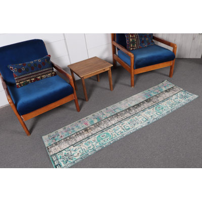Handcrafted Vintage Green Turkish Patchwork Runner Rug for Corridors and Hallways