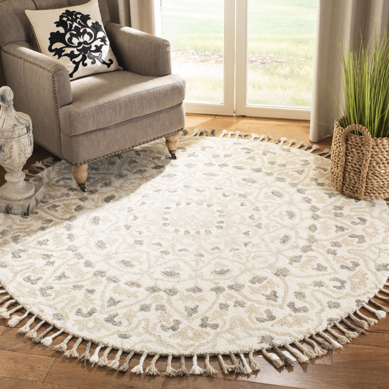 Jahiem Floral Handwoven Wool Area Rug in Ivory/Taupe, Round 4'