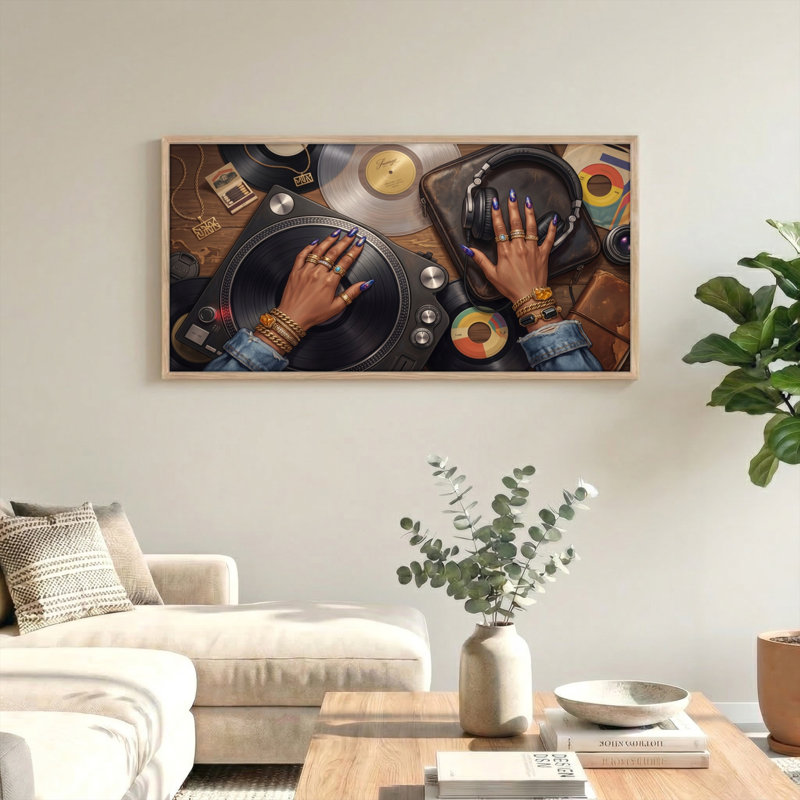 Ensemble de 1 tableau sur toile représentant une platine DJ, L 46 po x H 24 po, Naturel
