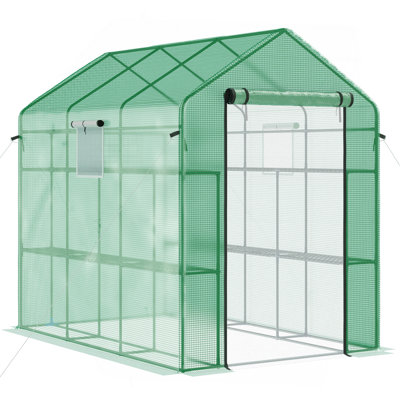 7' X 5' X 6' Walk-In Greenhouse With Mesh Door And Windows, 18 Shelf Hot House With Trellis, Plant Labels, UV Protective For Growing Flowers, Herbs, Vegetables, Saplings, Green