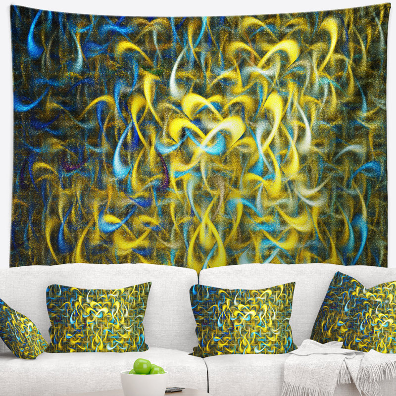 Tapisserie abstraite à motif fractal aquarelle dorée, H 78 po x l 92 po