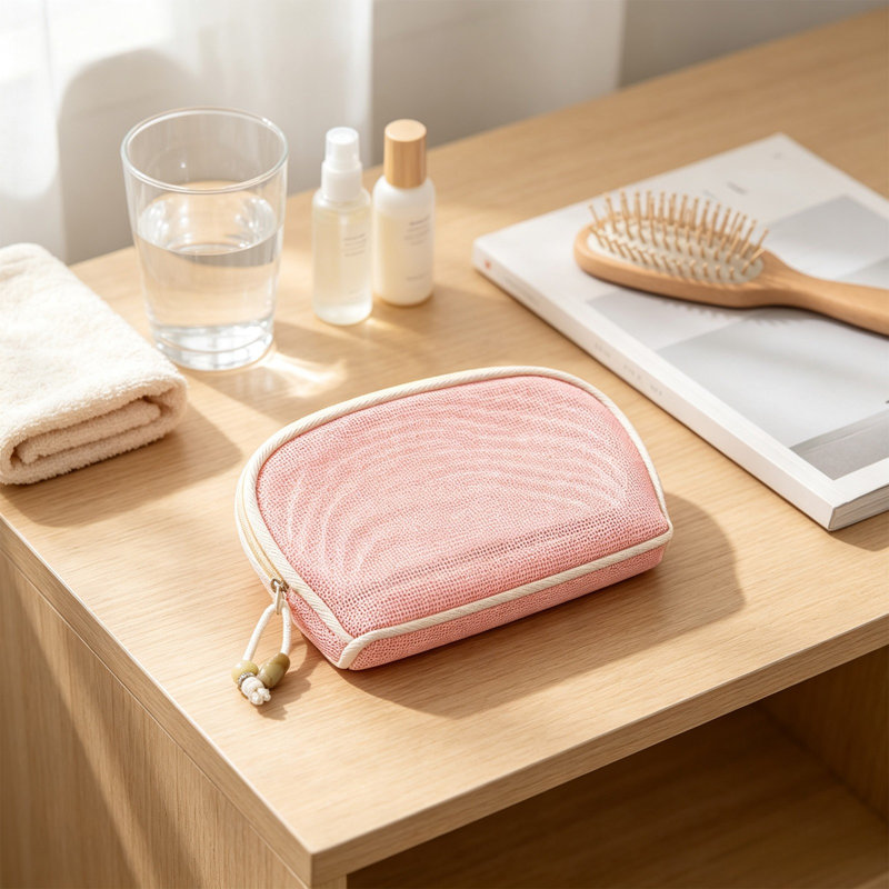 Pochette de rangement en plastique semi-circulaire en filet avec fermeture éclair, grande capacité, pour cosmétiques de voyage, organisateur de rangement portable en filet pour maquillage et petits objets