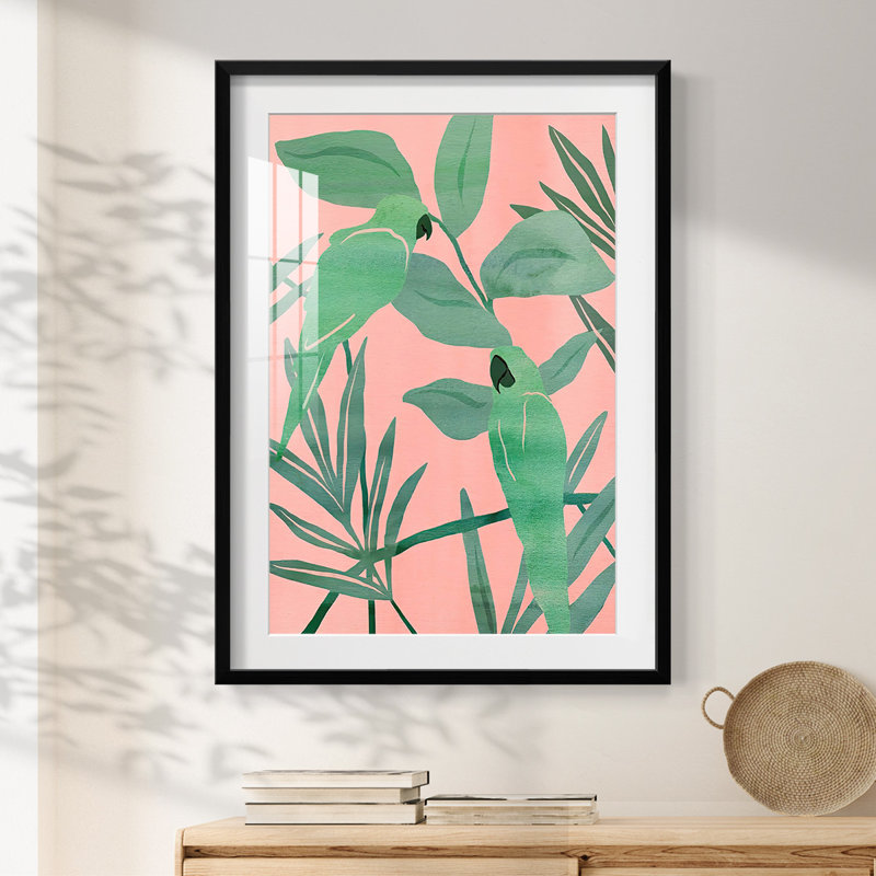 Oiseaux de paradis roses et verts I - impression encadrée, H 28,5 po x l 20,5 po, Noir
