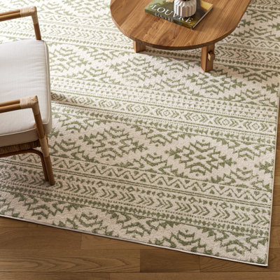 Lorenco Southwestern Machine Made Power Loom Polypropylene Area Rug in Ivory/Sage