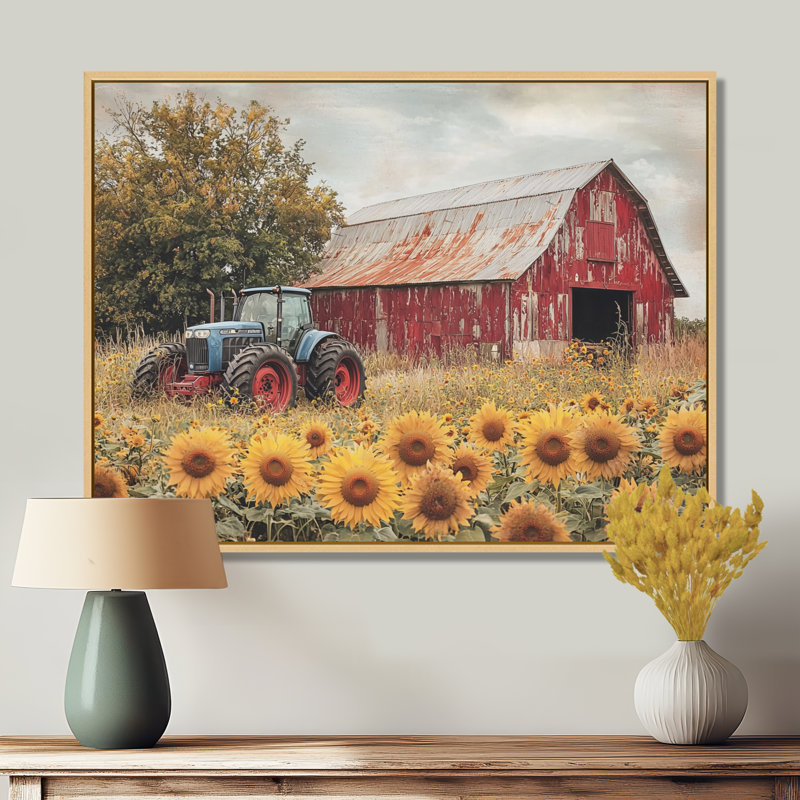 Divyne campagnard côté tournesols avec tracteur ferme III - ferme, art mural, H 34 po x l 44 po, Crème, crème