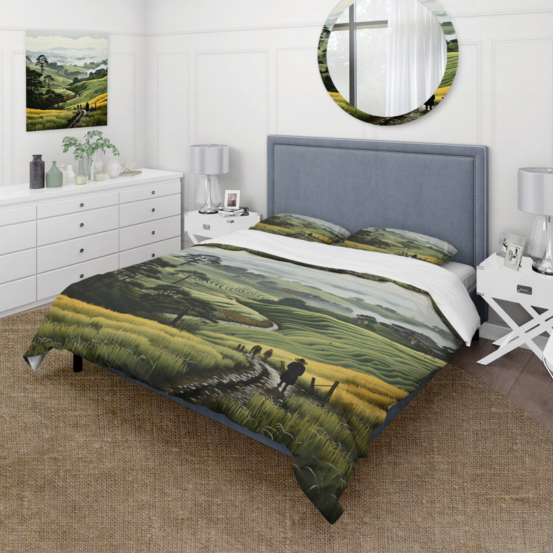 Ensemble de housse de couette en microfibre / polyester Countryside Foggy Green Hillside