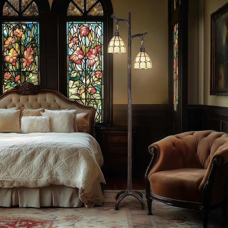 68" Tiffany-Style Stained Glass Tree Trunk Floor Lamp With Dimmable Vintage Shades