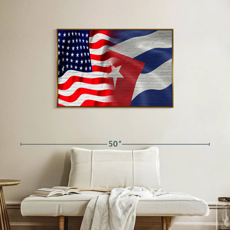 Drapeau américain et cubain, Cadre flottant doré, 37 po x 25 po