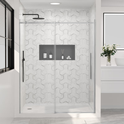 44–48" W x 74" H Semi-Frameless Sliding Shower Door with Fixed Panel, Brushed Nickel, Nano-Coated Tempered Glass