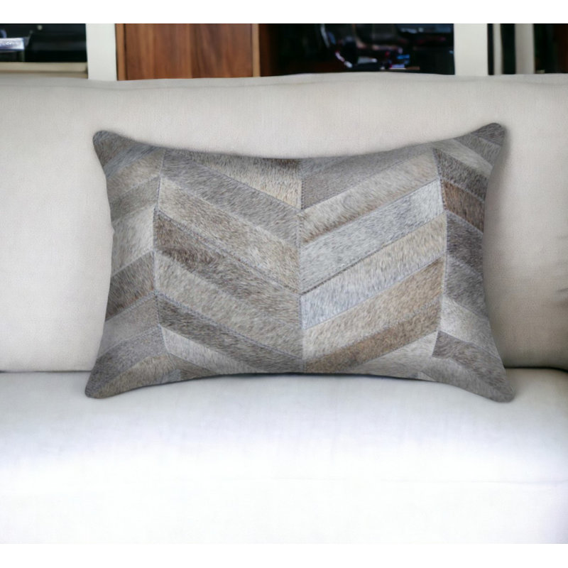 Gray Chevron Cowhide Throw Pillow with Cotton Backing