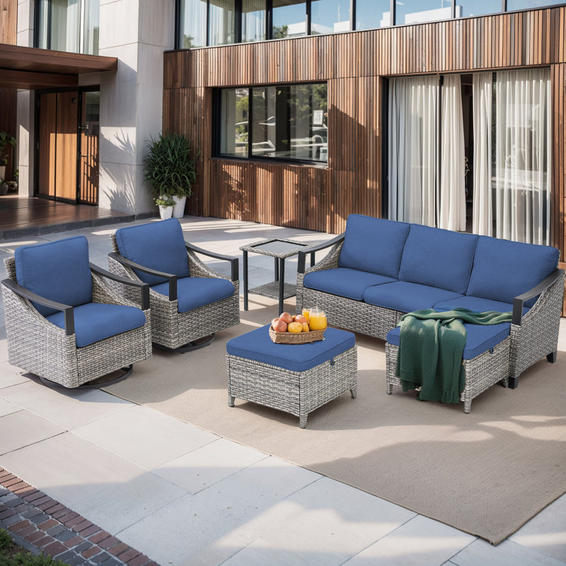 Brunilde Wicker 5 - Person Patio Conversation Set with Cushions, Blue
