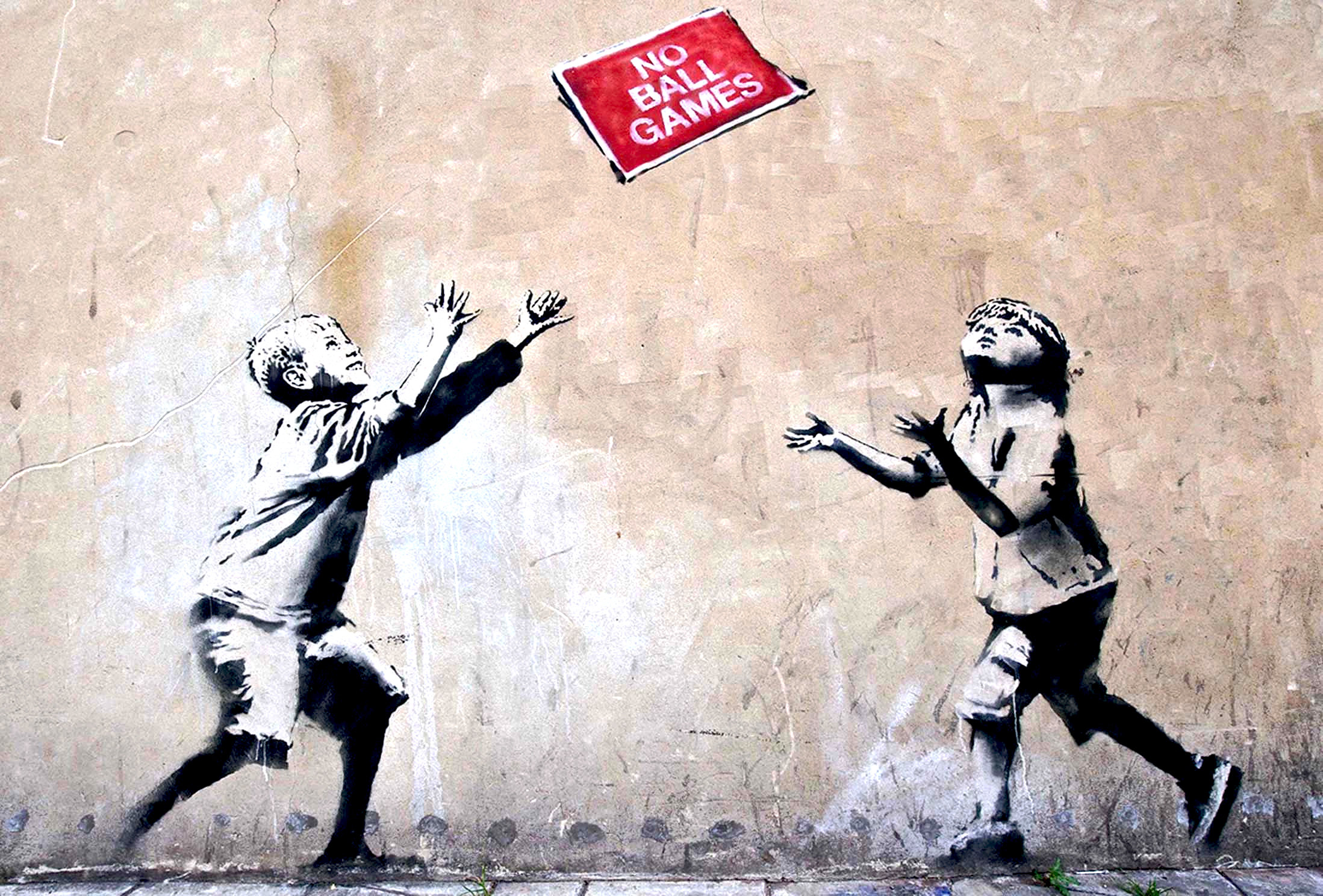 Banksy’s No Ball Games Rat Features A Rat Bouncng A Ball Below An