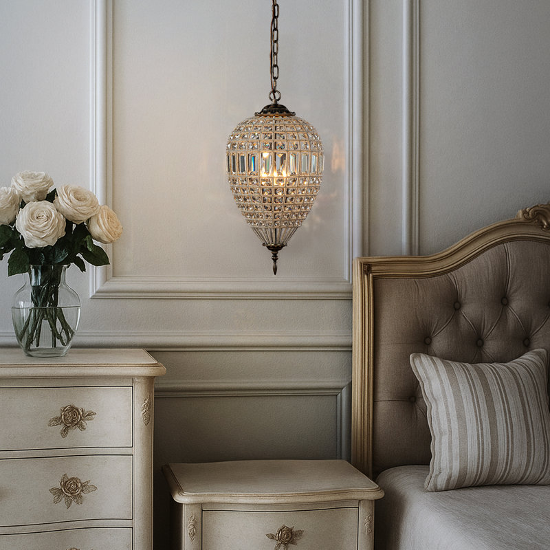 Lustre Empire français à 3 lumières en cristal, fini bronze antique, à intensité variable, style vintage, idéal pour salle à manger, hall d'entrée ou chambre.