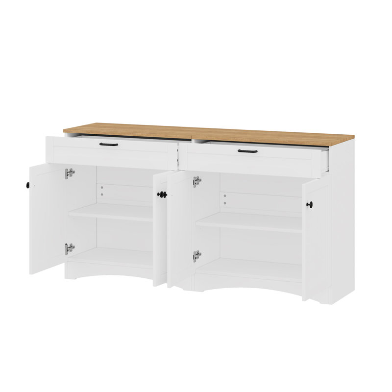 Farmhouse TV Stand With 2 Drawers For Tvs Up To 70", Versatile Wood Grain Sideboard With Adjustable Shelves, Mid-Century Buffet Cabinet With Rustic Handles For Living Room/Bedroom, White