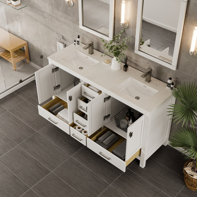 London Double Sink White Bathroom Vanity with Carrara Quartz Countertop