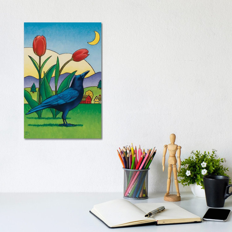 Crow with Red Tulips 1 Piece Wrapped Canvas Wall Art, 20.32 cm H x 30.48 cm W