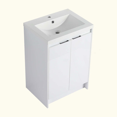 Meuble-lavabo autoportant avec lavabo en résine et 2 armoires de rangement, portes à fermeture en douceur, contreplaqué (emballage KD)