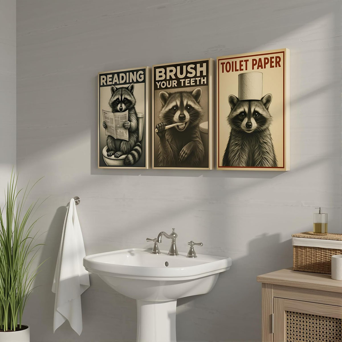 Lily Manor Framed 3Pcs Funny Raccoon Bathroom Wall Art Set Vintage ...