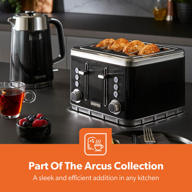 GEEPAS 4 Slice Toaster 7 Browning Levels Eject Defrost Reheat Removable Crumb Tray 1860W Arcus, Black