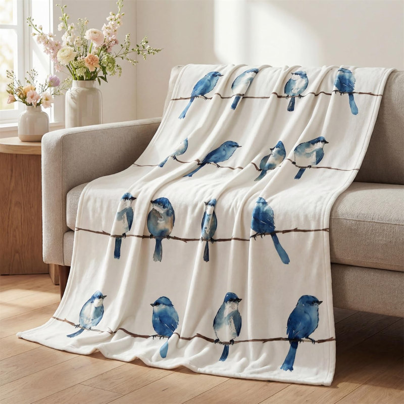 Jeté en flanelle printemps-été, couvertures en molleton doux et moelleux bleu marine Family Birds pour canapé-lit, cadeaux idéaux pour les enfants adultes